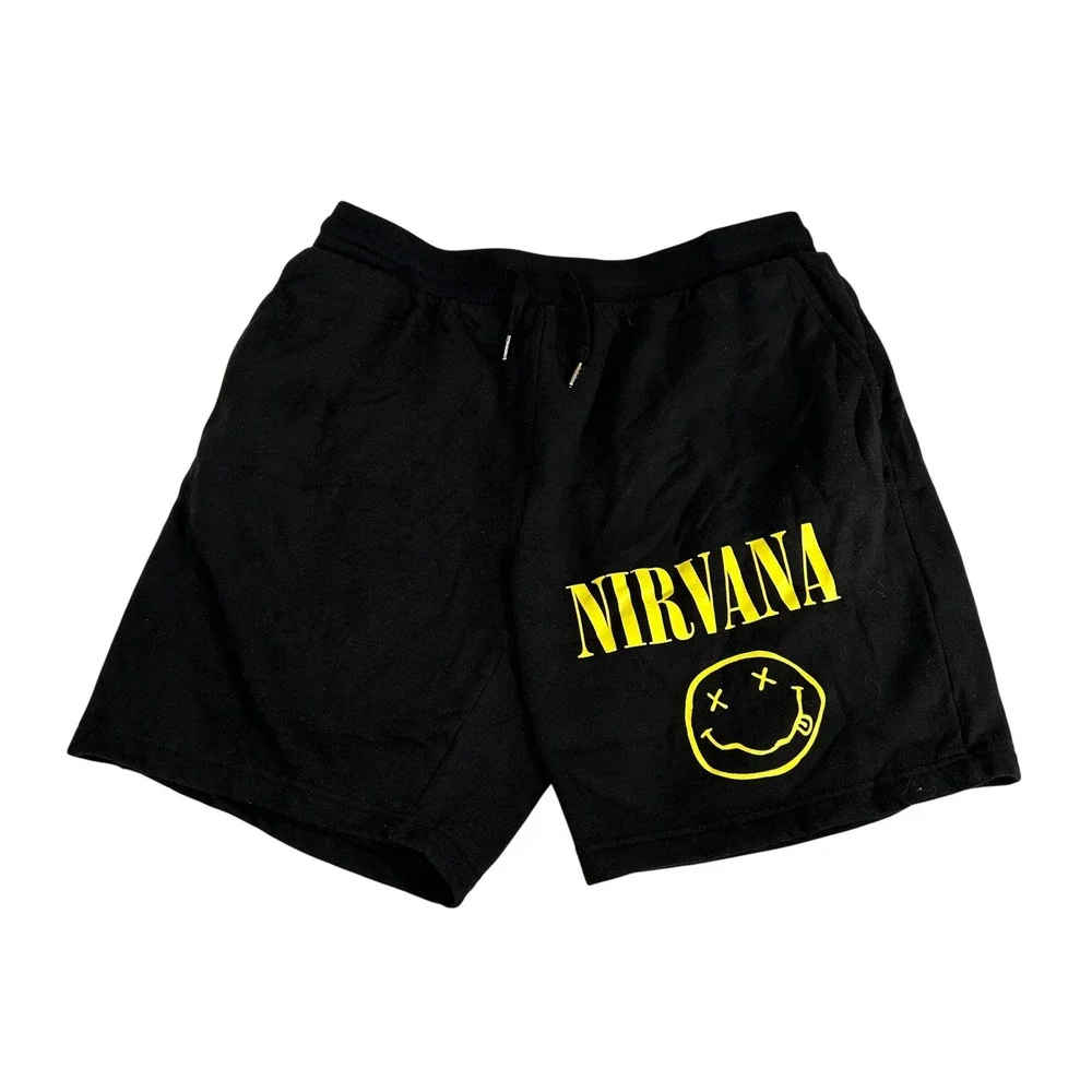 Nirvana Smiley Face Graphic Black Sweat Shorts Mens Size Medium 716068707507